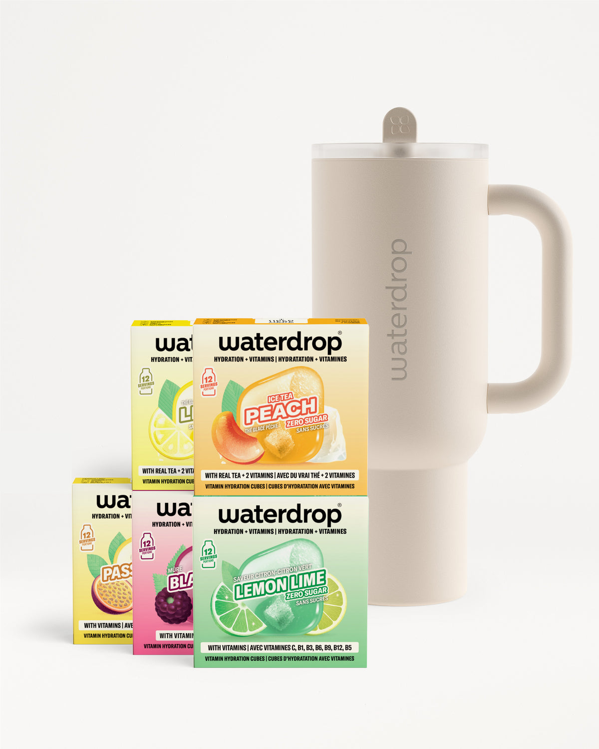 Beige ceramic water pitcher beside several Waterdrop flavor-drops boxes.