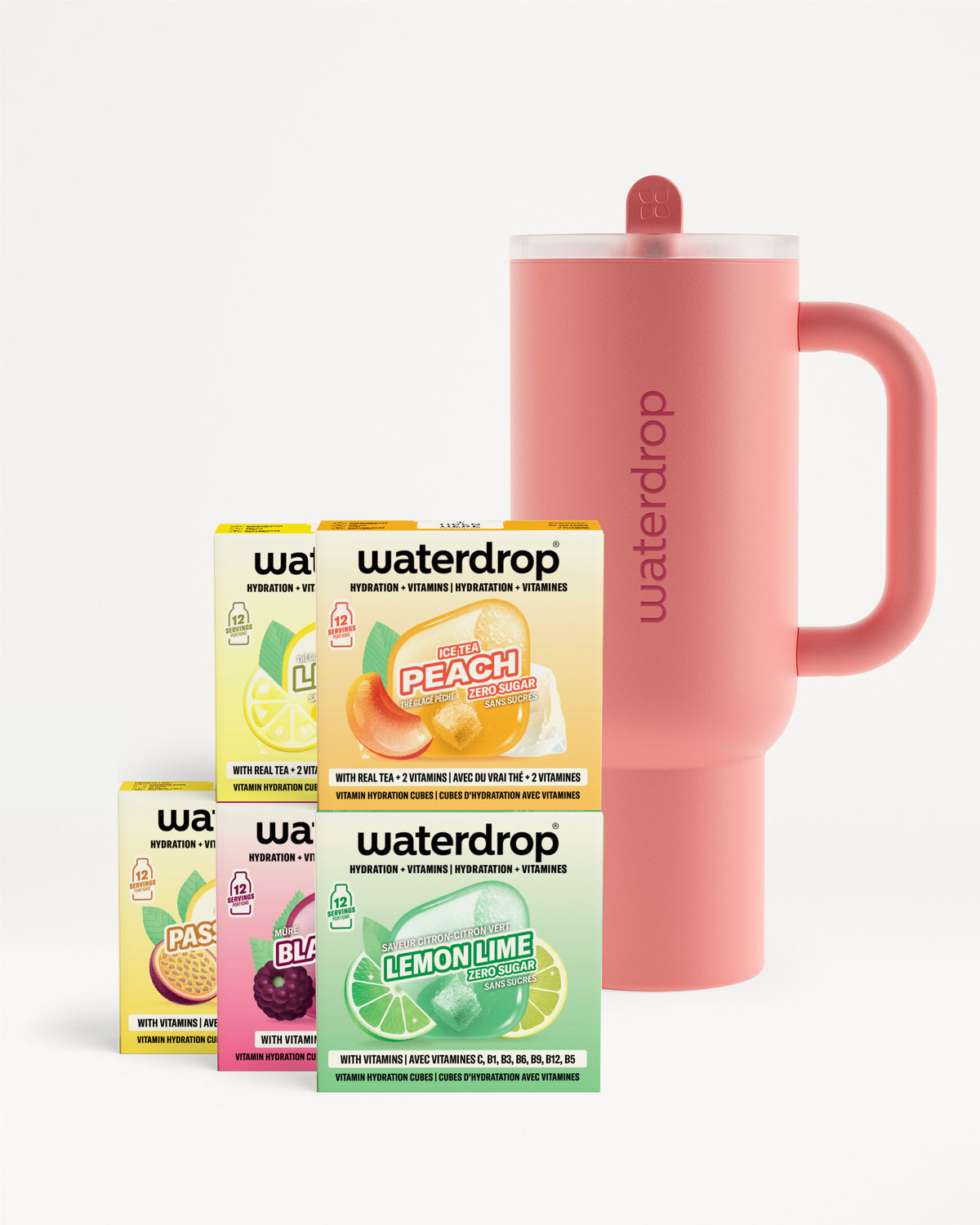Pink water bottle with a handle beside assorted Waterdrop flavor packets.
