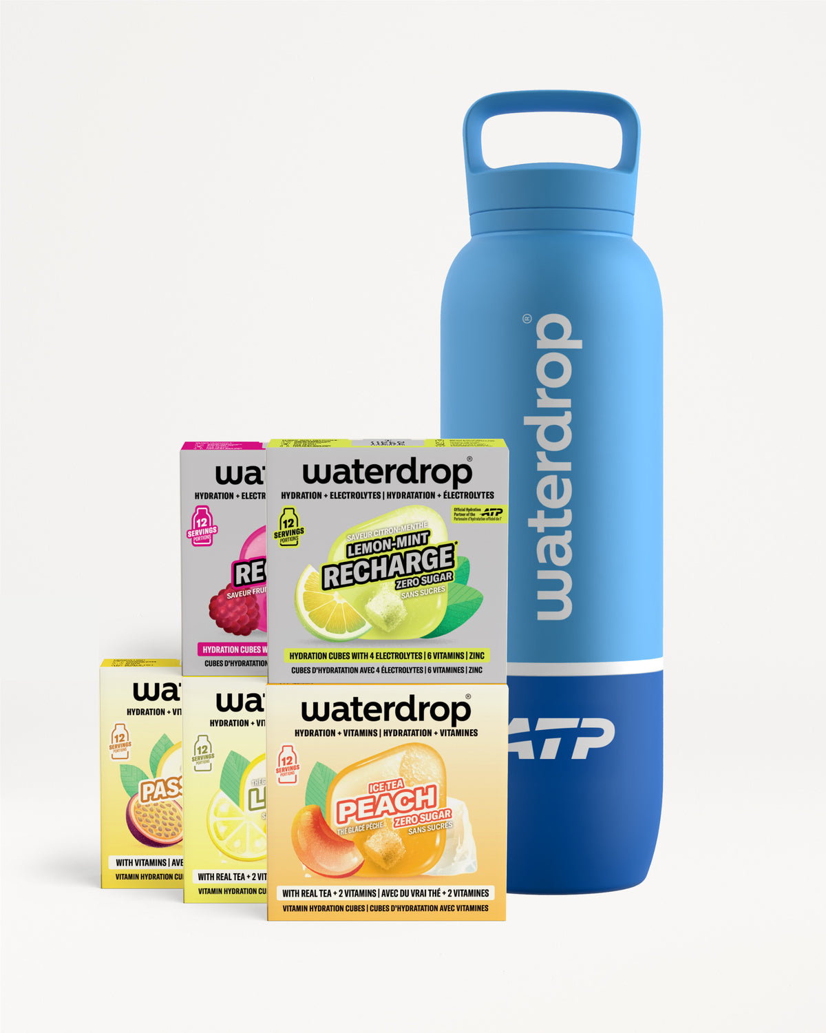 Blue reusable water bottle with assorted flavor sachets in front.