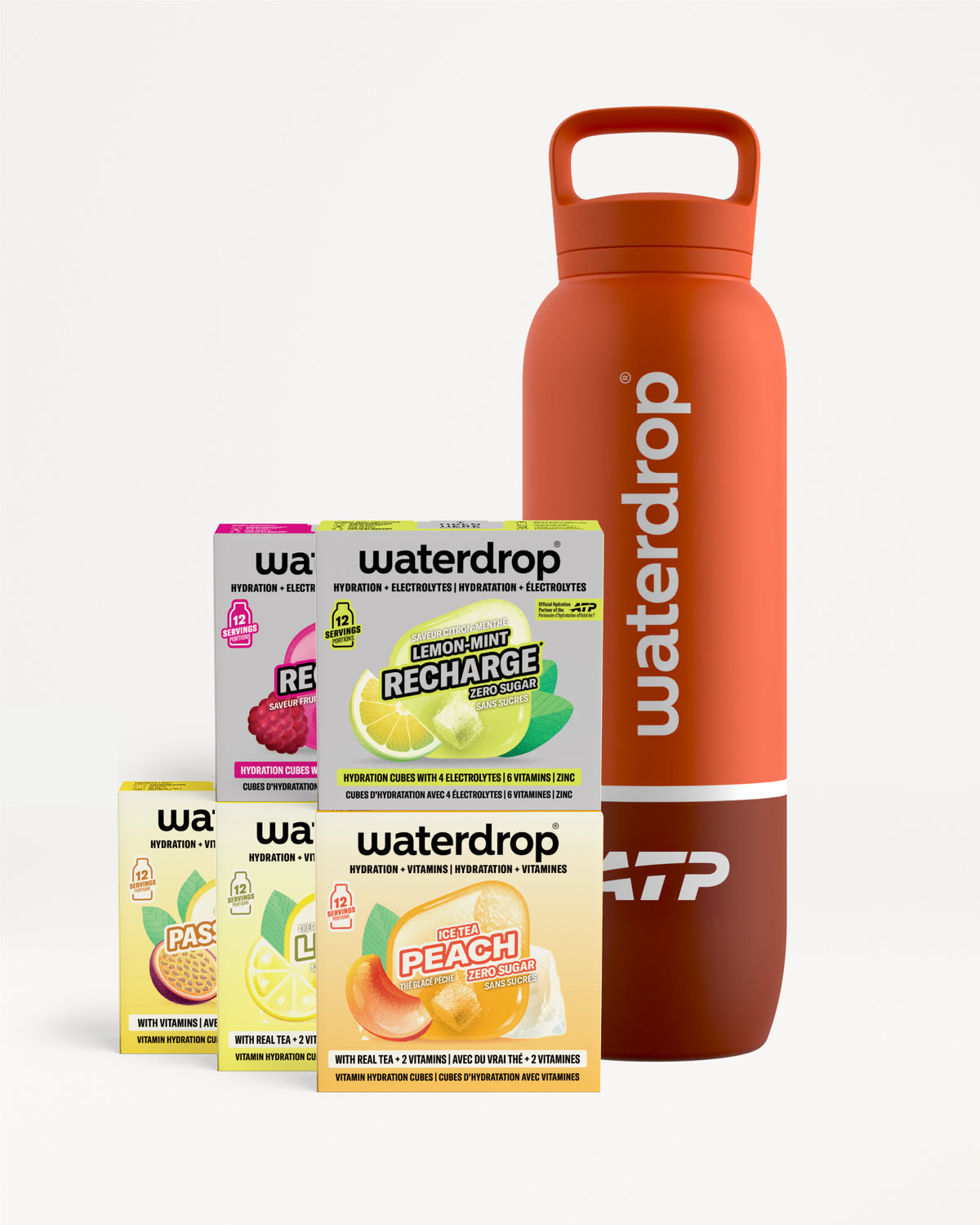 Orange reusable water bottle with a handle beside assorted Waterdrop flavor drop boxes.
