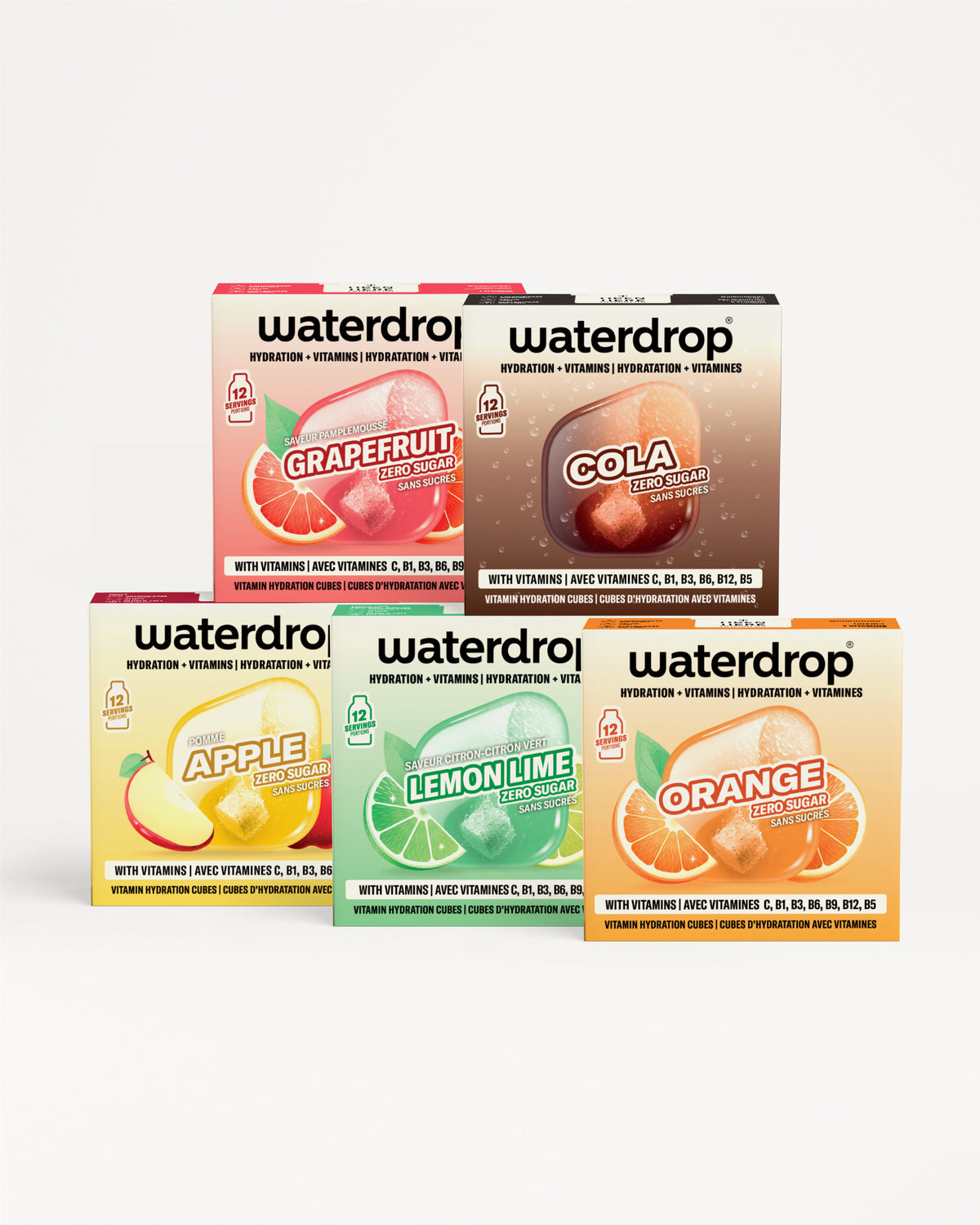 مجموعة عبوات Waterdrop للمشروبات مع أكياس ملونة مرتبة في صفوف مزدوجة.