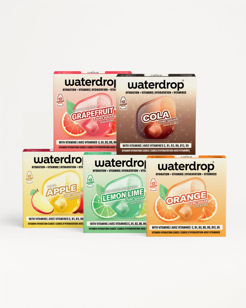 مجموعة عبوات Waterdrop للمشروبات مع أكياس ملونة مرتبة في صفوف مزدوجة.