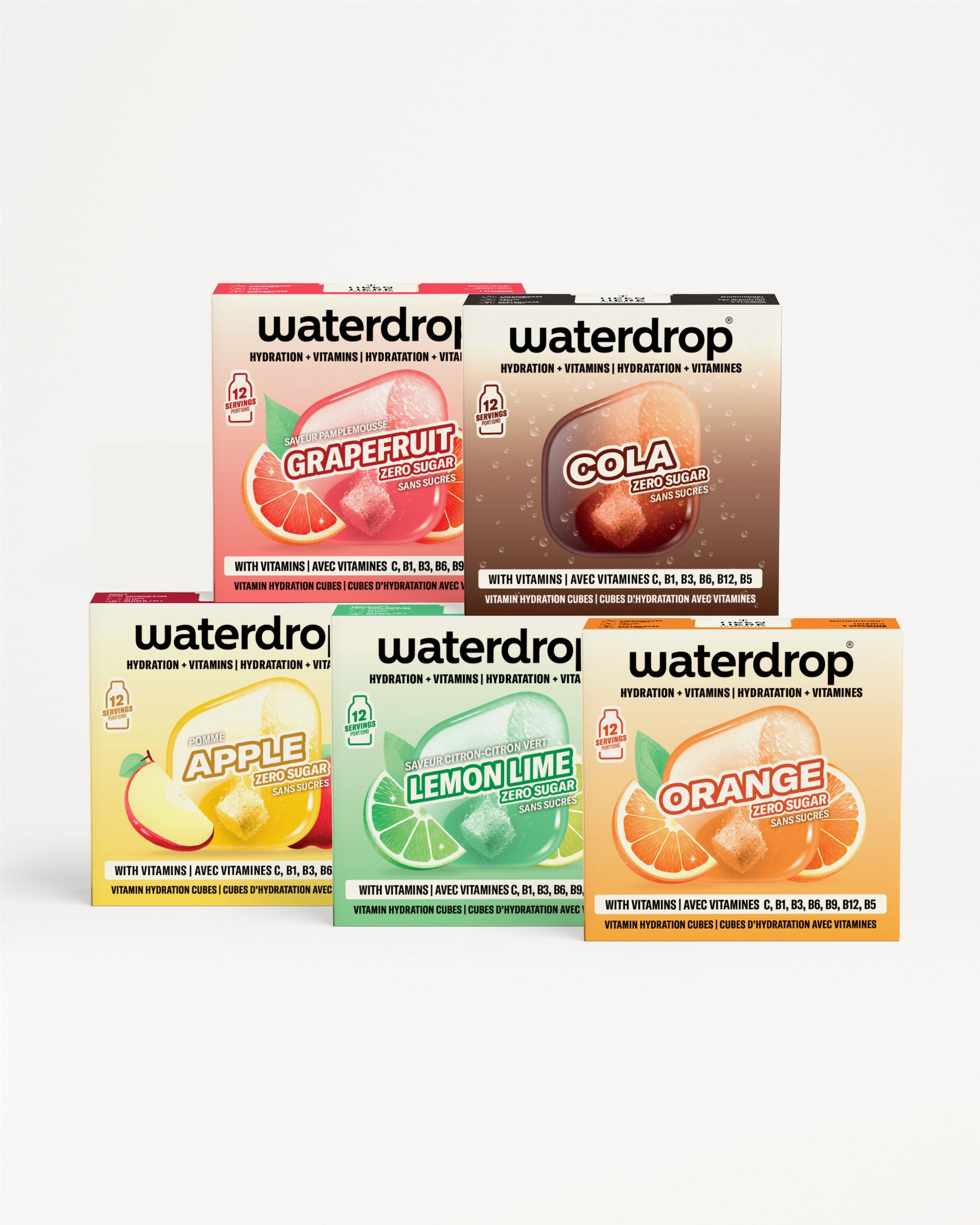 مجموعة عبوات Waterdrop للمشروبات مع أكياس ملونة مرتبة في صفوف مزدوجة.