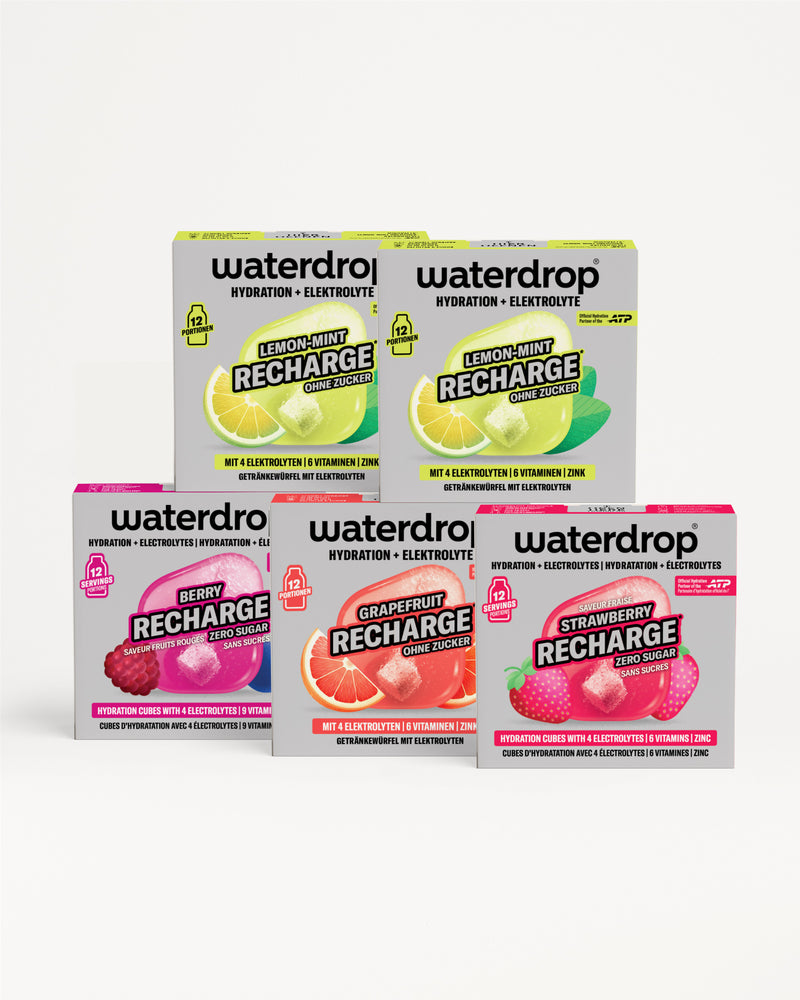 مجموعة علب Waterdrop للترطيب والالكتروليتات بنكهات الحمضيات والتوت.